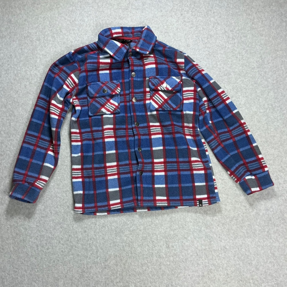Quiksilver Boys Blue Red Plaid Fleece Snap Front Shirt Jacket Size M 10/12